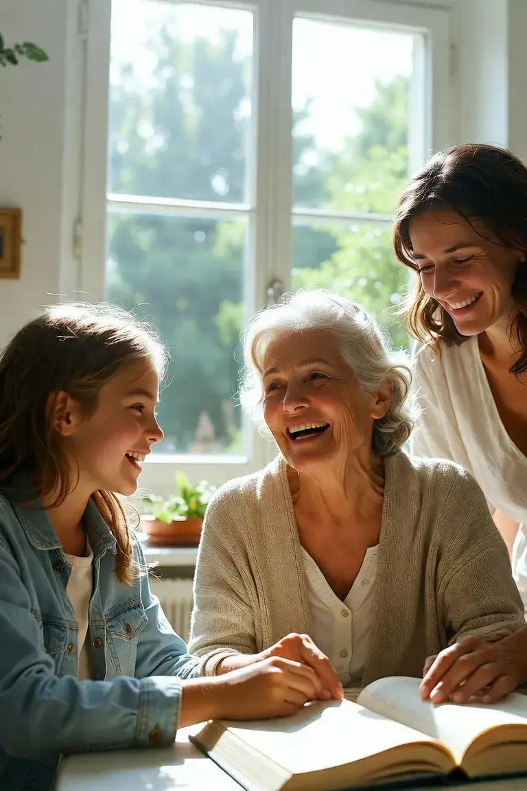 Trois générations de femmes partageant un moment de joie autour d'un livre